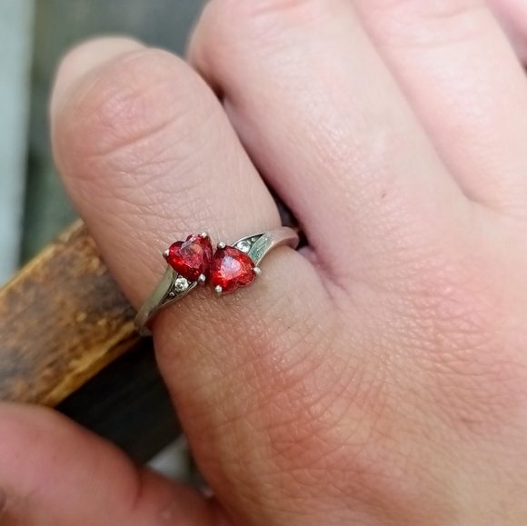 Sterling Silver Double Heart Garnet CZ Ring - Picture 4 of 5